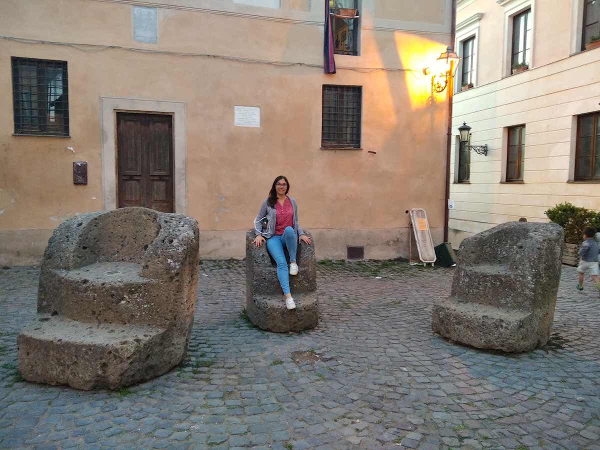 Rock Thrones sculpted by Costantino Morosin in the main piazza of Calcata Italy